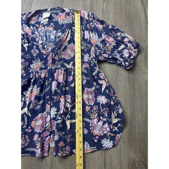 Knox Rose XXL Boho Floral Tunic Top Navy Smocked Peasant Blouse Flowy Rayo - Picture 4 of 8